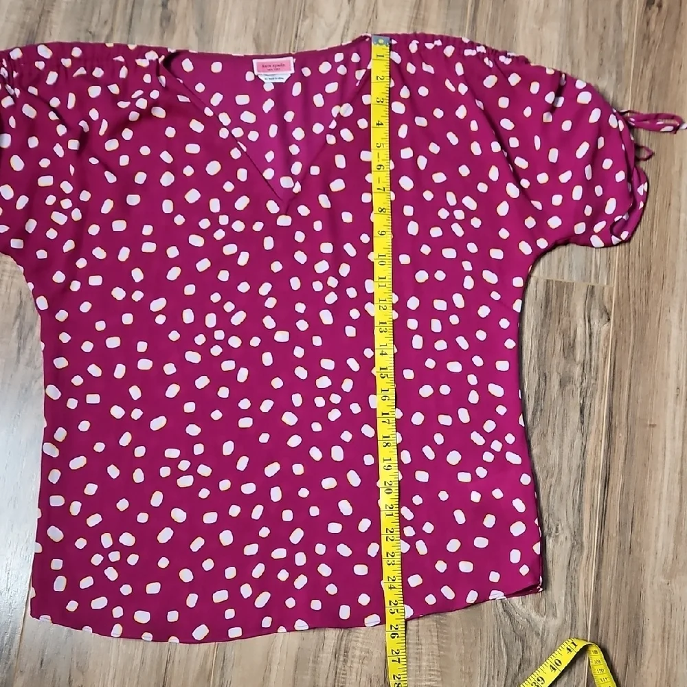 Kate Spade Women's Mallow Dot Ruched Sleeve In Beet Juice Color Blouse XS